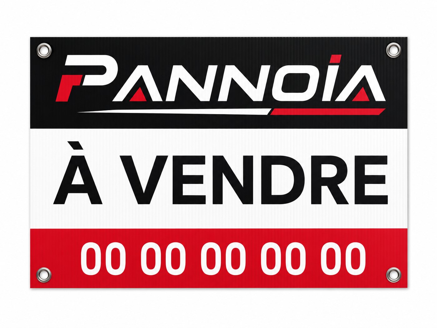 Panneau immobilier À Vendre en Akilux PANNOIA avec œillets métalliques et numéro de téléphone